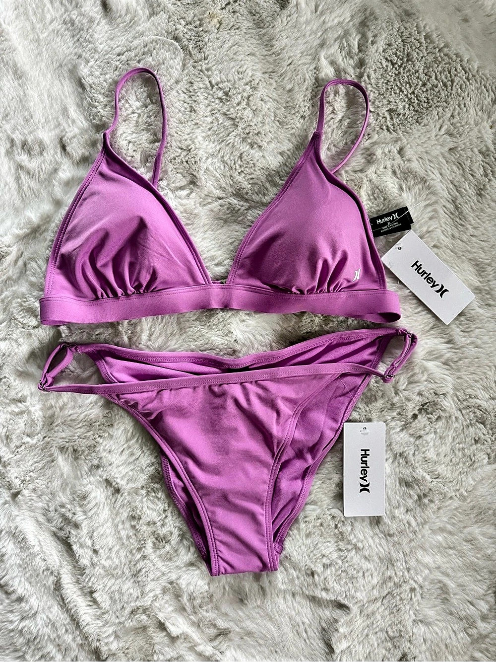 NWT Hurley Solid Classic Triangle Top & Ruched Cheeky Bottoms Bikini Set~Orchid